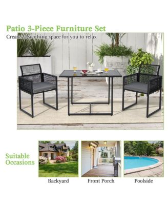 3PCS Patio PE Wicker Furniture Set Cushioned Chairs with Folding Backrest Backyard