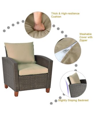 8PCS Patio Rattan Furniture Set Solid Wood Leg Cushioned Sofa Garden Lawn