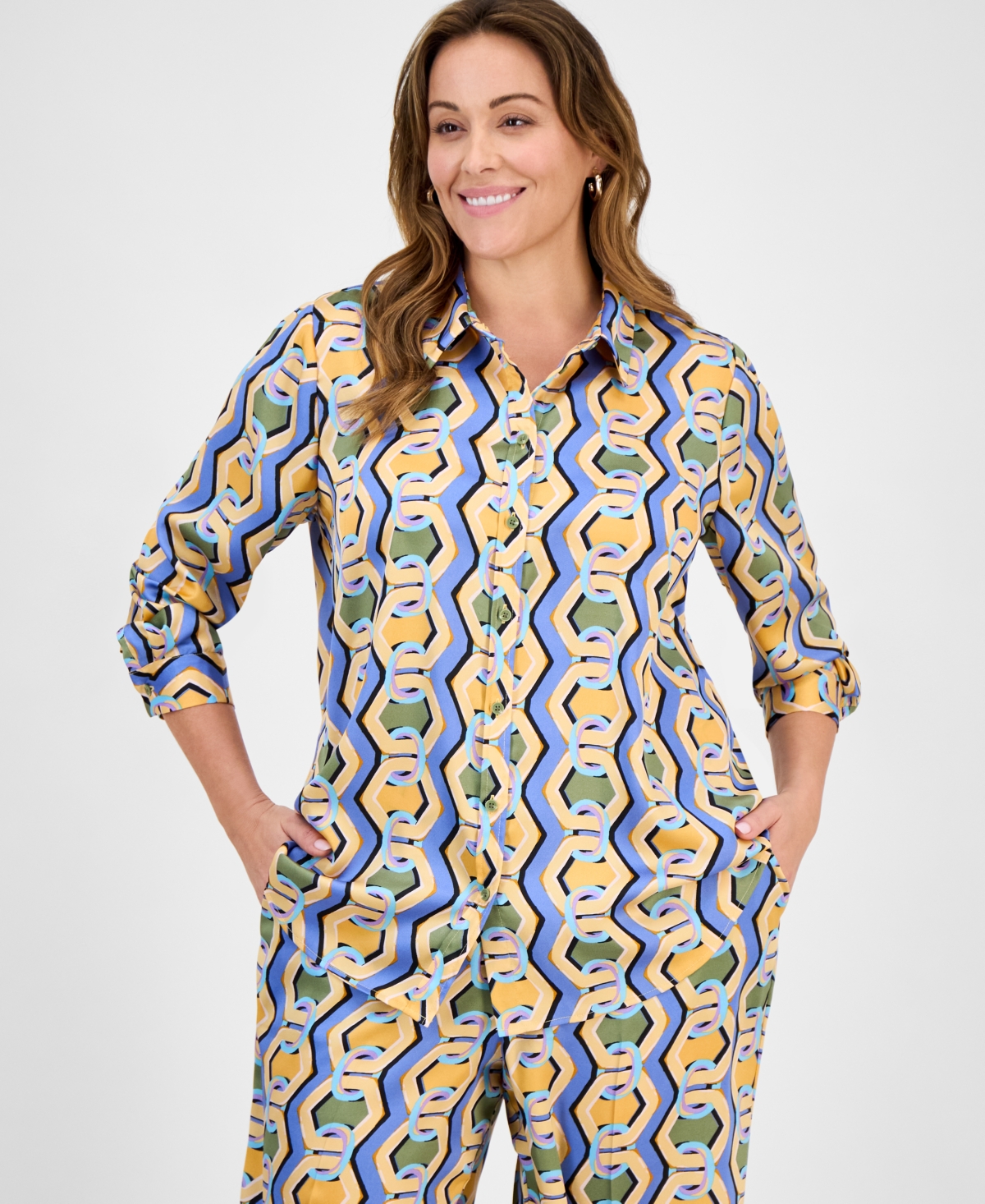 Plus Size Printed Button-Front Blouse - Blue Chains