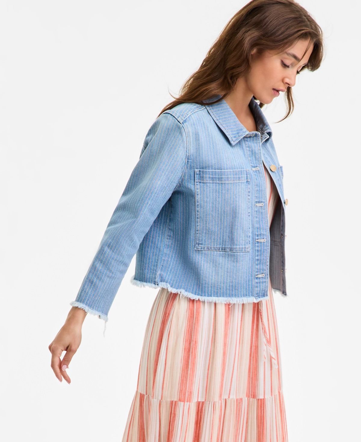 Liverpool Los Angeles Women's Striped Denim Cropped Shacket In Blue