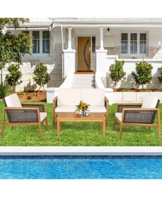 8 Piece Patio PE Rattan Conversation Set Acacia Wood Furniture Set  w/ Cushions