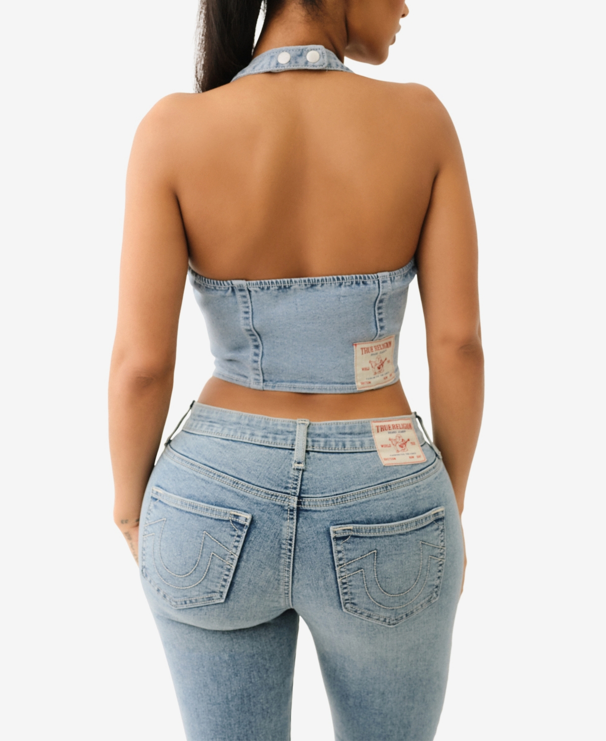 TRUE RELIGION WOMEN'S ZIP FRONT HALTER DENIM TOP 