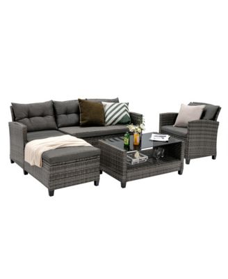 4 Piece Rattan Outdoor Conversation Sectional Sofa Set Patio Furniture Set w/ Cushions