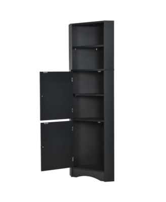 Tall Bathroom Corner Cabinet, Freestanding Storage Cabinet with Doors and Adjustable Shelves, MDF Board, Black