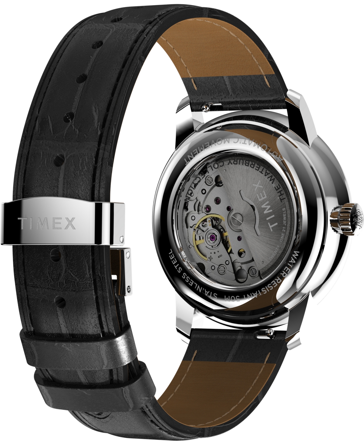 Timex ® Waterbury Metropolitan Automatic Leather Strap Watch, 41mm In Black
