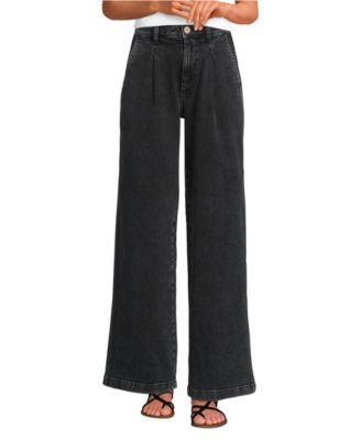 Women's High Rise Soft Denim Pleated Wide Leg Trousers Pant