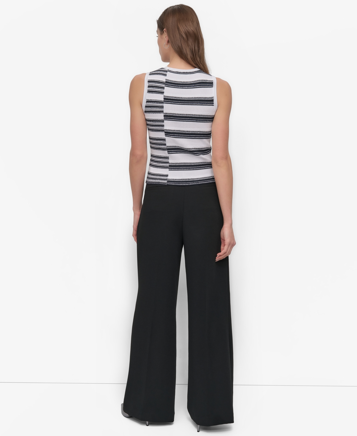 Shop Dkny Petite Striped Ribbed Knit Sleeveless Top In Navy,white Stripe