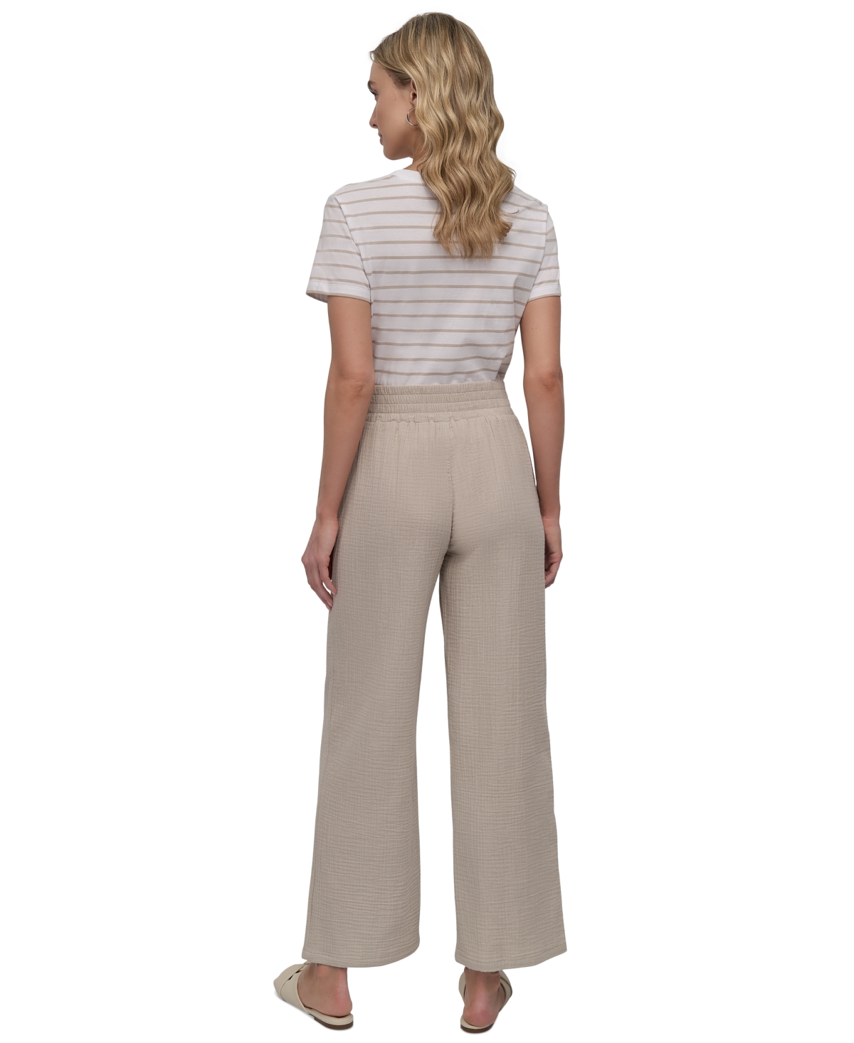 Shop Dkny Jeans Petite Cotton High-rise Smocked-waist Pants In Pebble