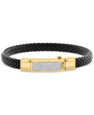 EFFY Collection - Men's Diamond Pav&eacute; Woven Black Leather Bracelet (5/8 ct. t.w.) in 18k Gold-Plated Sterling Silver