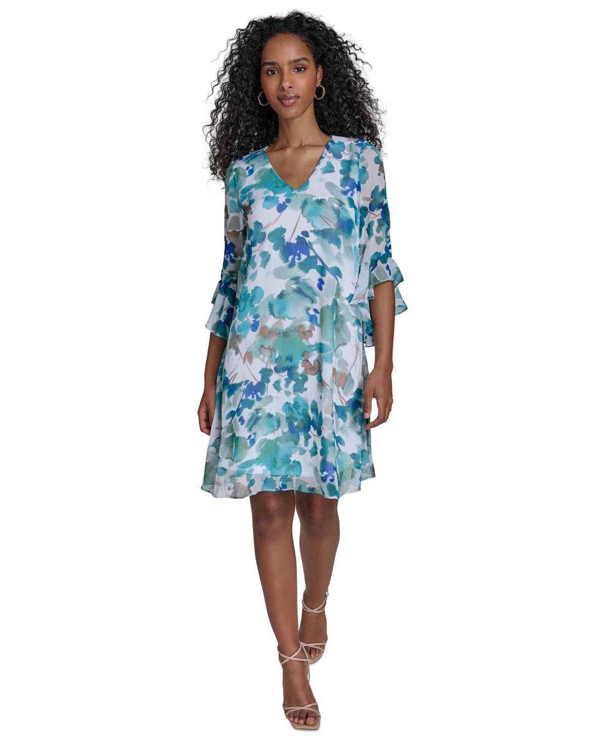 Calvin Klein Women's Floral 3/4-flutter-sleeve Shift Dress In Lake Multi