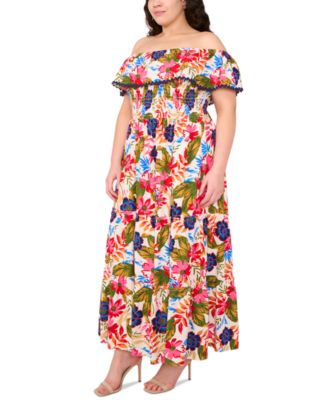 Plus Size Floral Off-The-Shoulder Smocked Maxi Dress