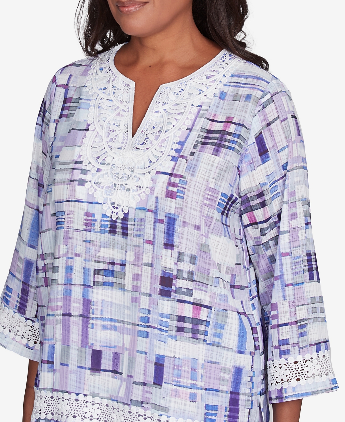 Alfred Dunner Petite Crystal Springs Watercolor Plaid Lace Neck Top In Multi