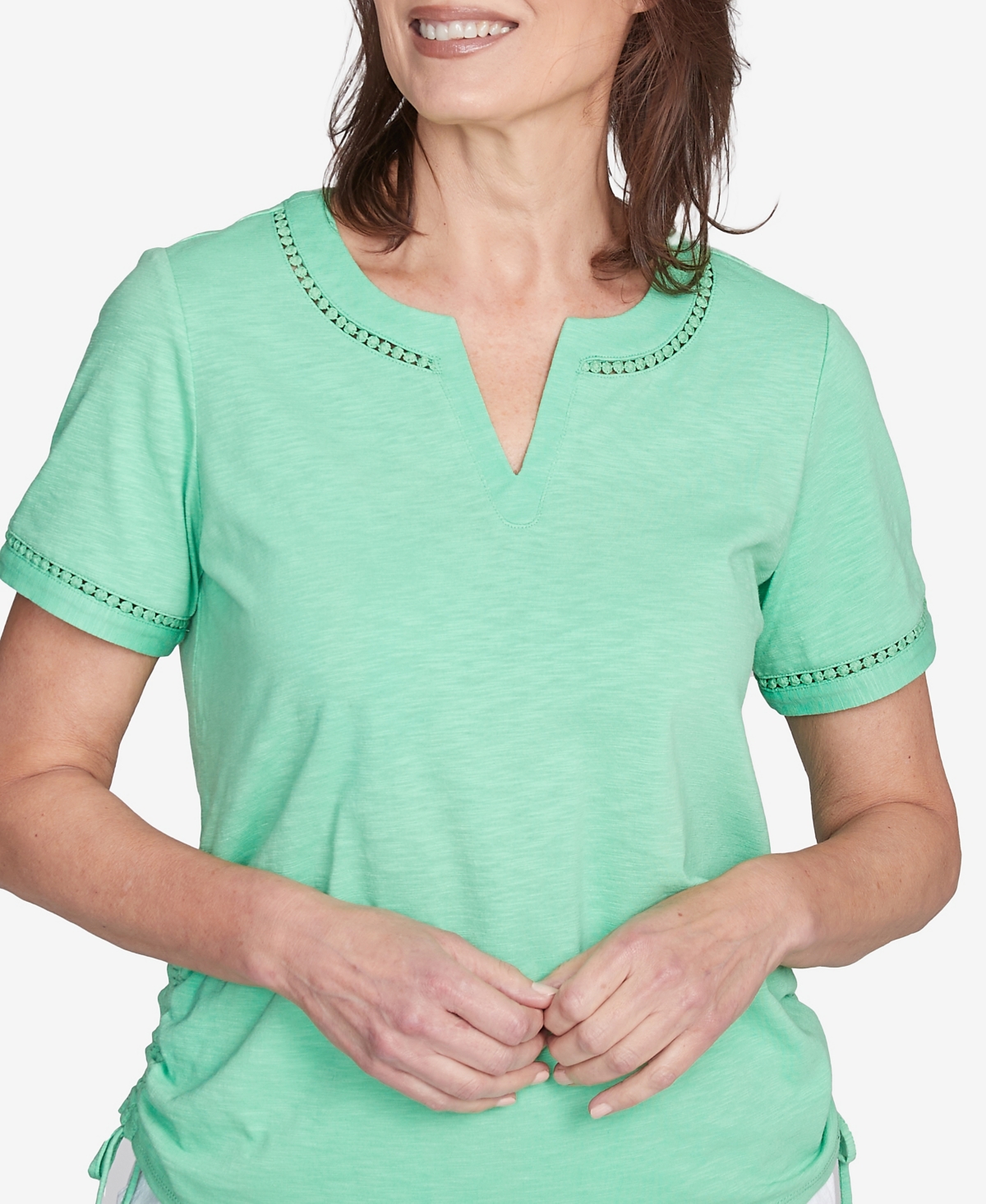 Alfred Dunner Petite Rise Shine Dot Lace Trimmed Short Sleeve Top In Lime