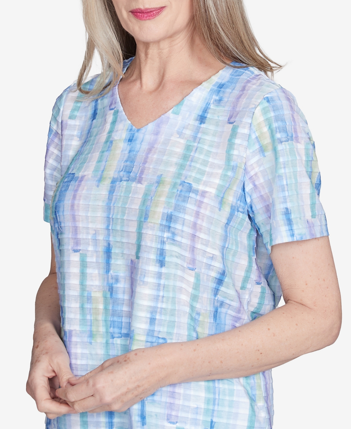 Alfred Dunner Petite St. Thomas Textured Brushstroke Short Sleeve Top In Sky Blue Multi