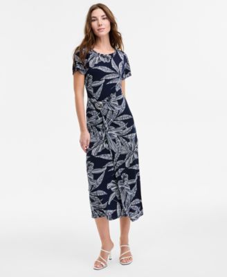 Robbie Bee - Women's Printed Round-Neck Faux-Wrap Dress