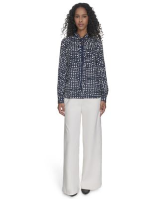 売れ筋商品|||カルバンクライン カットソー トップス レディース Petite Printed Long Sleeve Tie-Neck Blouse Navy/cream Calvin Klein Petite Printed Long Sleeve Tie-neck Blouse in