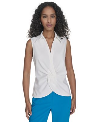 Calvin Klein - Petite Collared Twist-Front Sleeveless Shirt