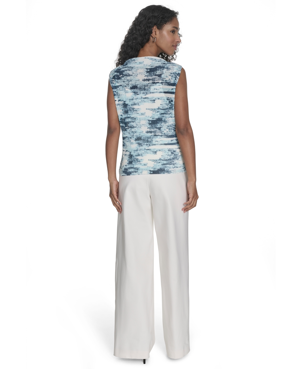Calvin Klein Petite Printed Pleated Sleeveless Top In Blue