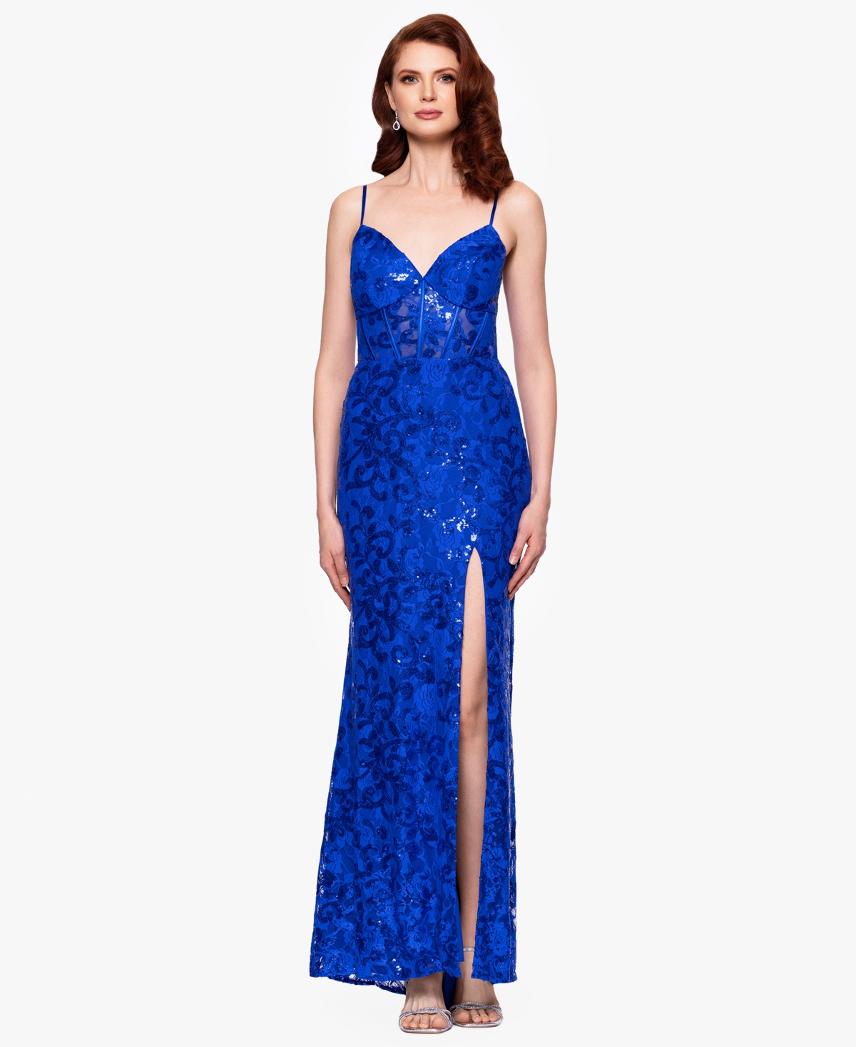 Juniors' Sequined Lace Corset Gown - Wine