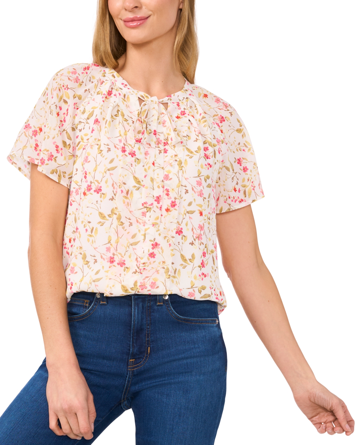 Women's Flutter-Sleeve Tie-Neck Blouse - New Ivory