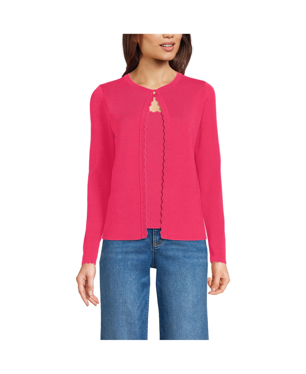 Women's Blend Scallop Edge Fitted Cardigan Sweater - Set Top - Berry rouge
