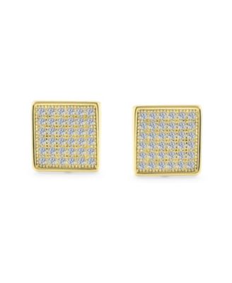 Geometric Hip Hop Square Cubic Zirconia Micro Pave CZ Stud Earrings Gold Plated .925 Sterling Silver