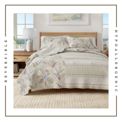 Cotton Stitched Reversible Tropical Palm Quilt and Sham Set