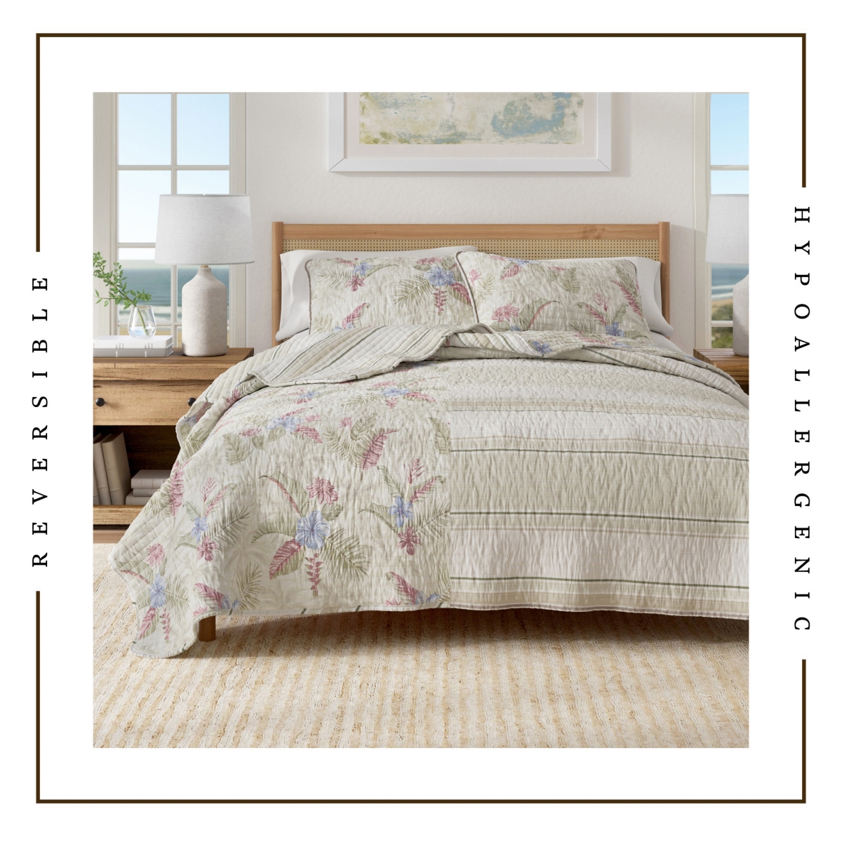 Linery & Co. Cotton Stitched Reversible Tropical Palm 3 Piece Quilt and Sham Set