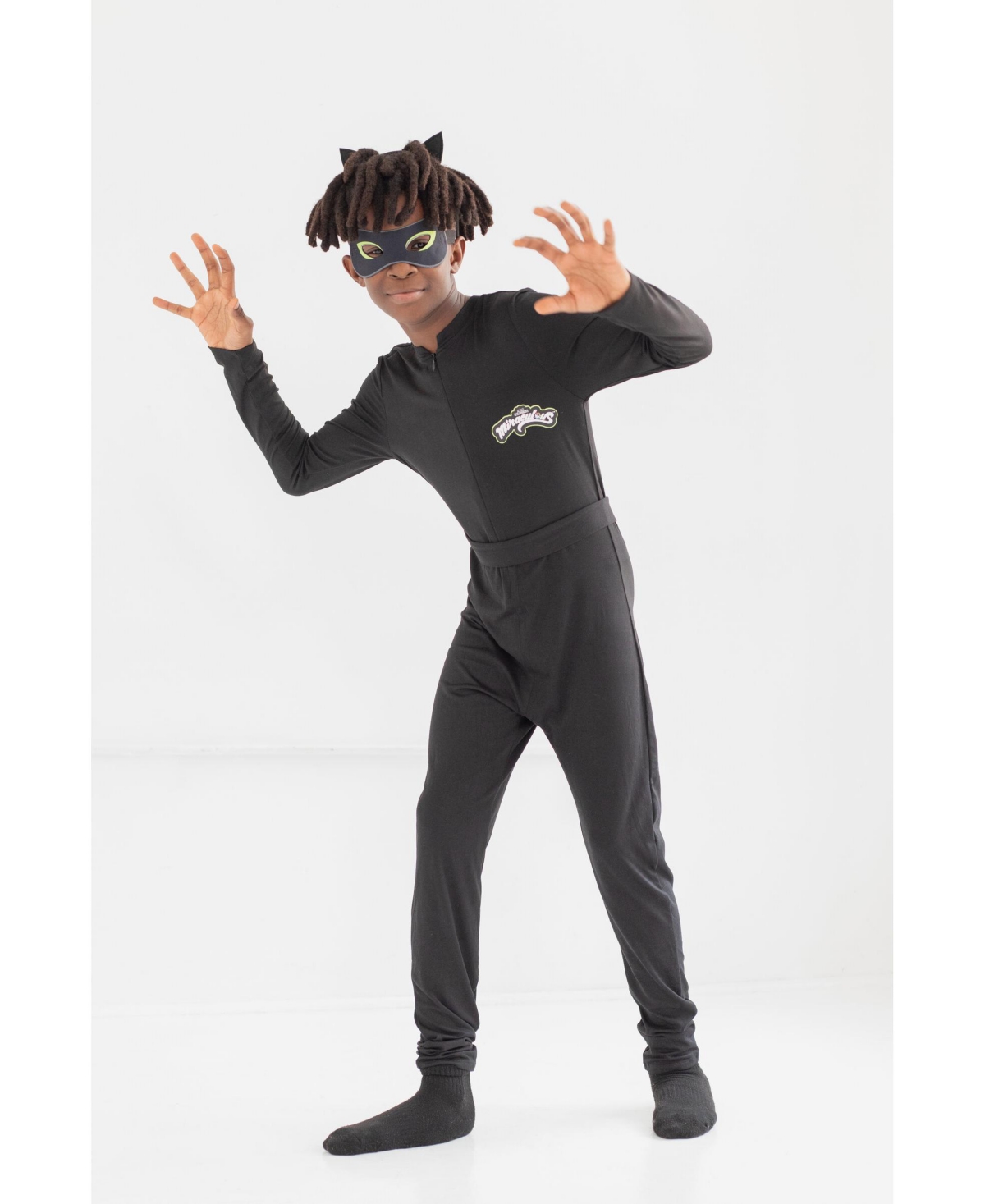 Miraculous Cat Noir Zip Up Cosplay Costume Coverall Tail Mask and Headband 4 Piece Set