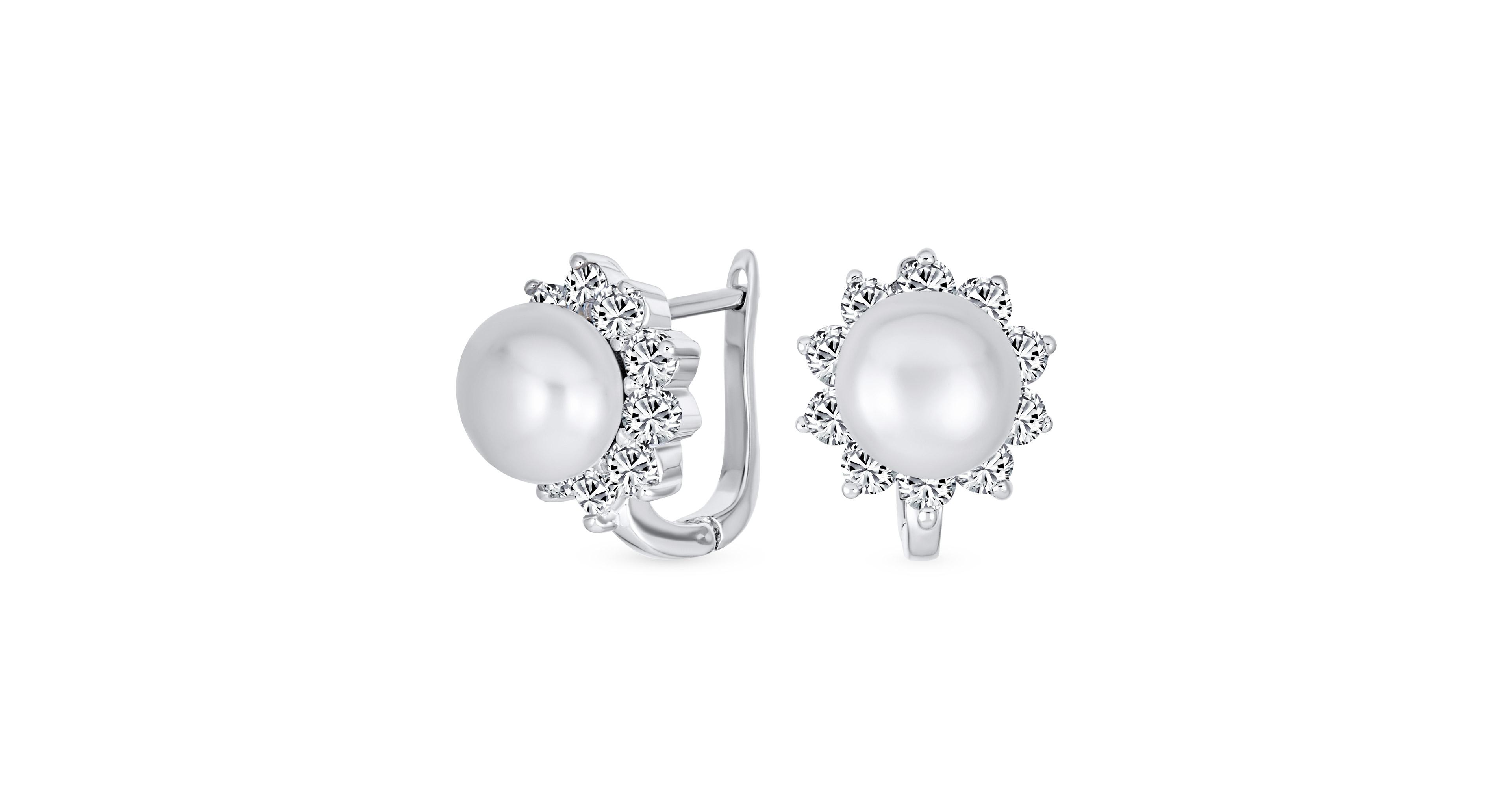 Bling Jewelry Classic Pearl Stud Earrings, Sterling Silver Huggie Latch Back