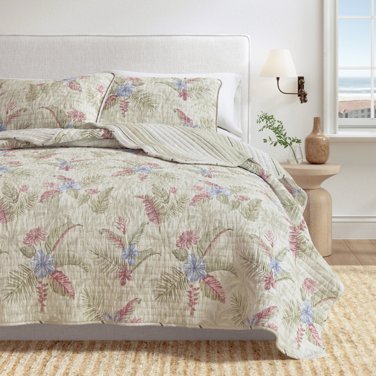 Linery & Co. Cotton Stitched Reversible Tropical Palm 3 Piece Quilt and Sham Set