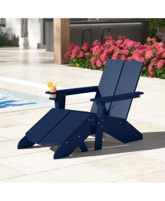Outdoor HDPE Modern Adirondack Chair with Folding Patio Ottoman and Cup Holder