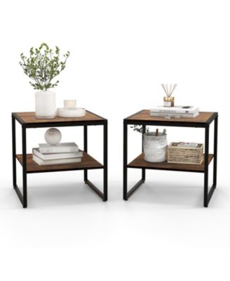 2 Pieces Industrial 2-Tier Side Table Set with Open Shelf