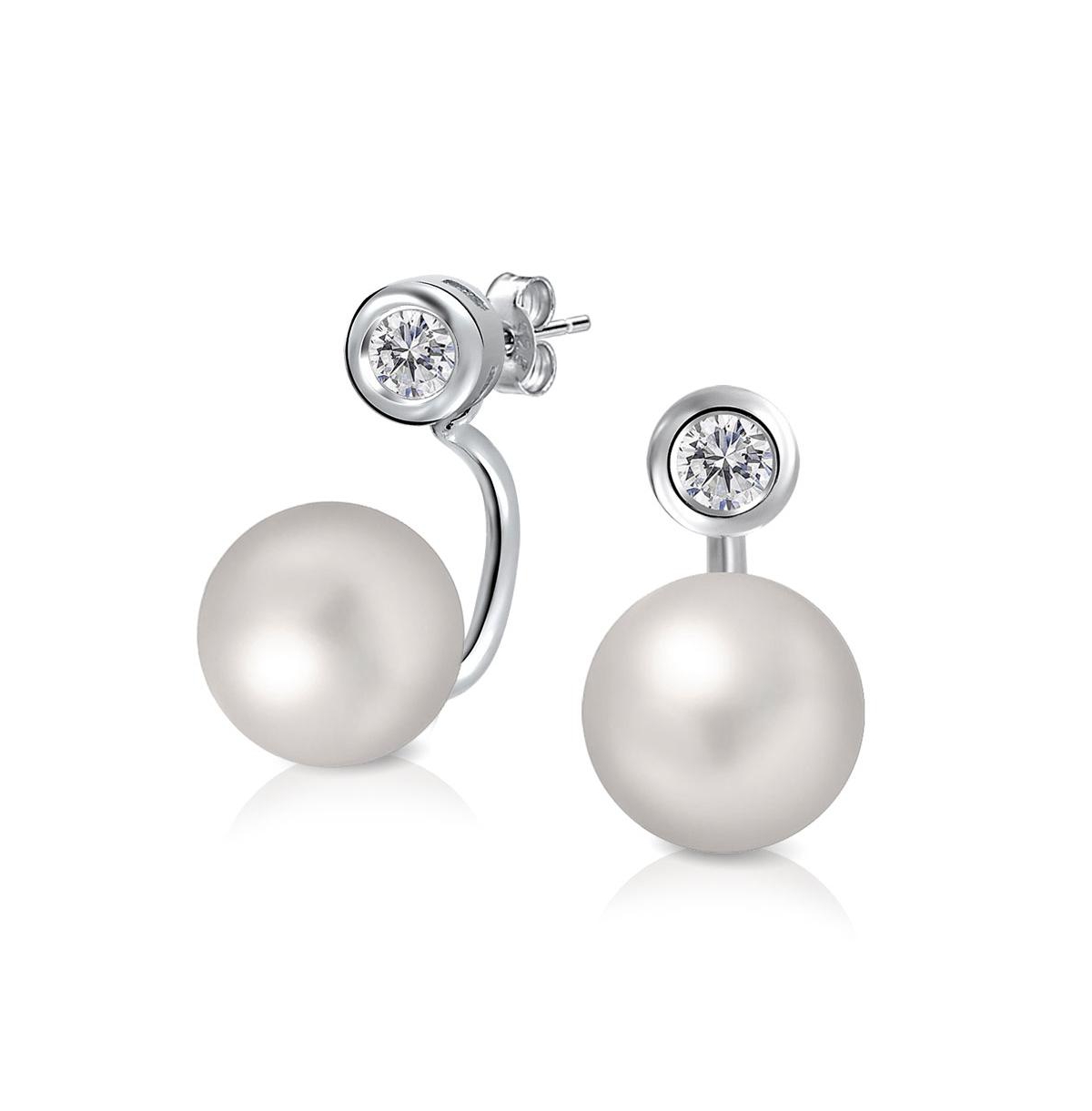 Modern Cz Solitaire Earring Jacket with Simulated Pearls in Sterling Silver - Clear apr