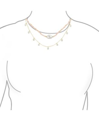 Thin Multi Strand Pink Freshwater Cultured White Baroque Pearl Strands Necklace Yellow Gold Plated Chain 14 Inch Adjustable