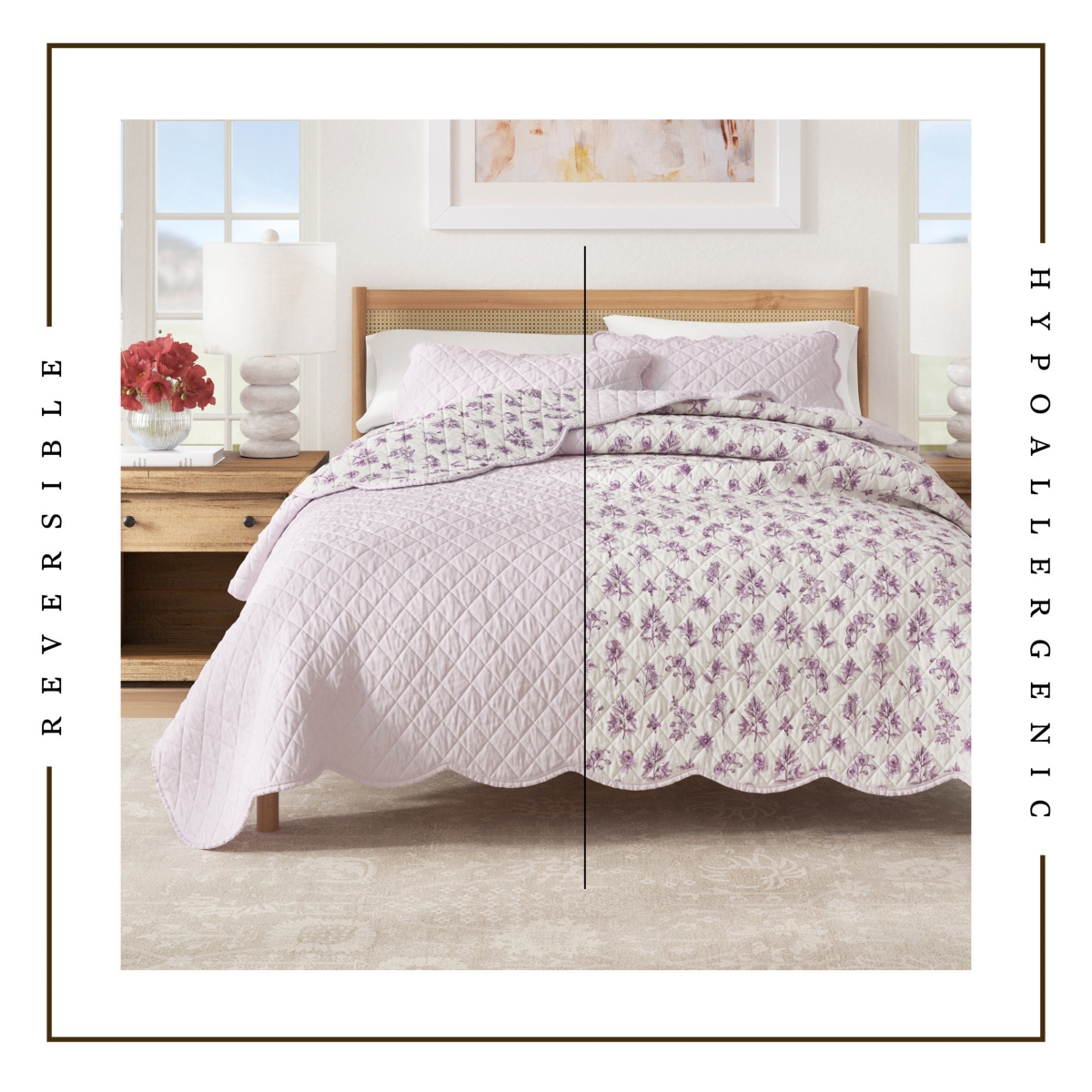Linery & Co. Cotton Stitched Reversible Floral 3 Piece Scalloped Quilt and Sham Set