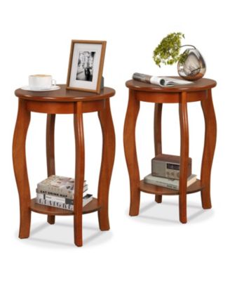 Set of 2 15 Inch 2-Tier Round End Table with Storage Shelf