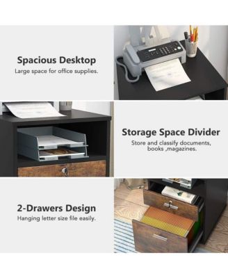 Mobile File Cabinet with Lock, 2 Drawer Wood Filing Cabinet for Letter Size, Modern Printer Stand with Rolling Wheels Open Storage Shelf for Home Office