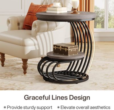 Round End Table: 2 Tiers Faux Marble Side Table, Bedside Nightstand, Metal Arc-Shaped Frame Accent Table