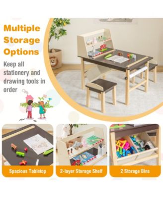 Kids Art Table and Chairs Set with Paper Roll and Storage Bins