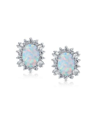  Estate Style Jewelry Oval Created Opal Crown Baguette Halo CZ Stud Earrings .925 Sterling Silver 12MM