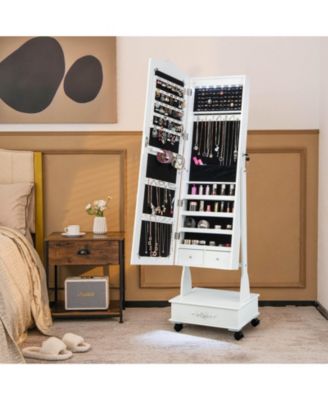 Rolling Floor Standing Mirrored Jewelry Armoire with Lock and Drawers