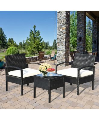 3 Piece Patio Rattan Furniture Set Conversation Sofa w/ Cushions