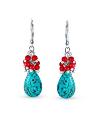 Boho Dangle Earrings with Created Red Coral and Blue Turquoise Teardrop Accents