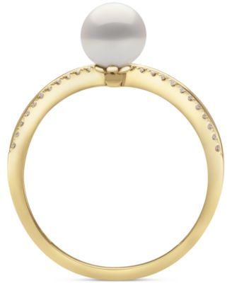 Cultured Freshwater Pearl (6mm) & Diamond (1/10 ct. t.w.) Chevron Ring in 10k Gold