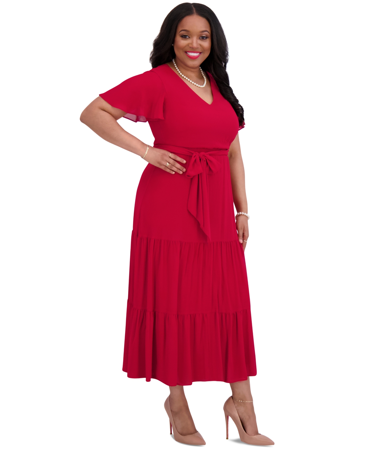 Kasper Women's V-neck Flutter-sleeve Maxi Dress, Regular & Plus Sizes In Crimson
