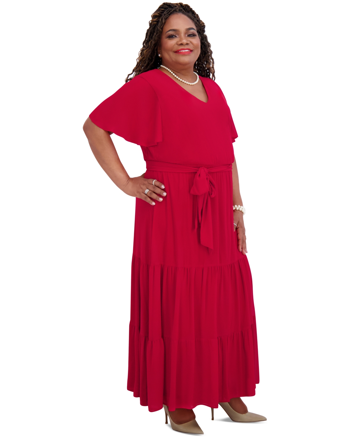 Kasper Women's V-neck Flutter-sleeve Maxi Dress, Regular & Plus Sizes In Crimson