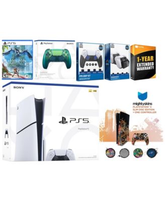 Playstation 5 Slim Disc with Horizon Forbidden West, Extra Chroma Pearl Controller, FPS Grip Kit, Charge Dock and MightySkins Decal Voucher + 1 Y