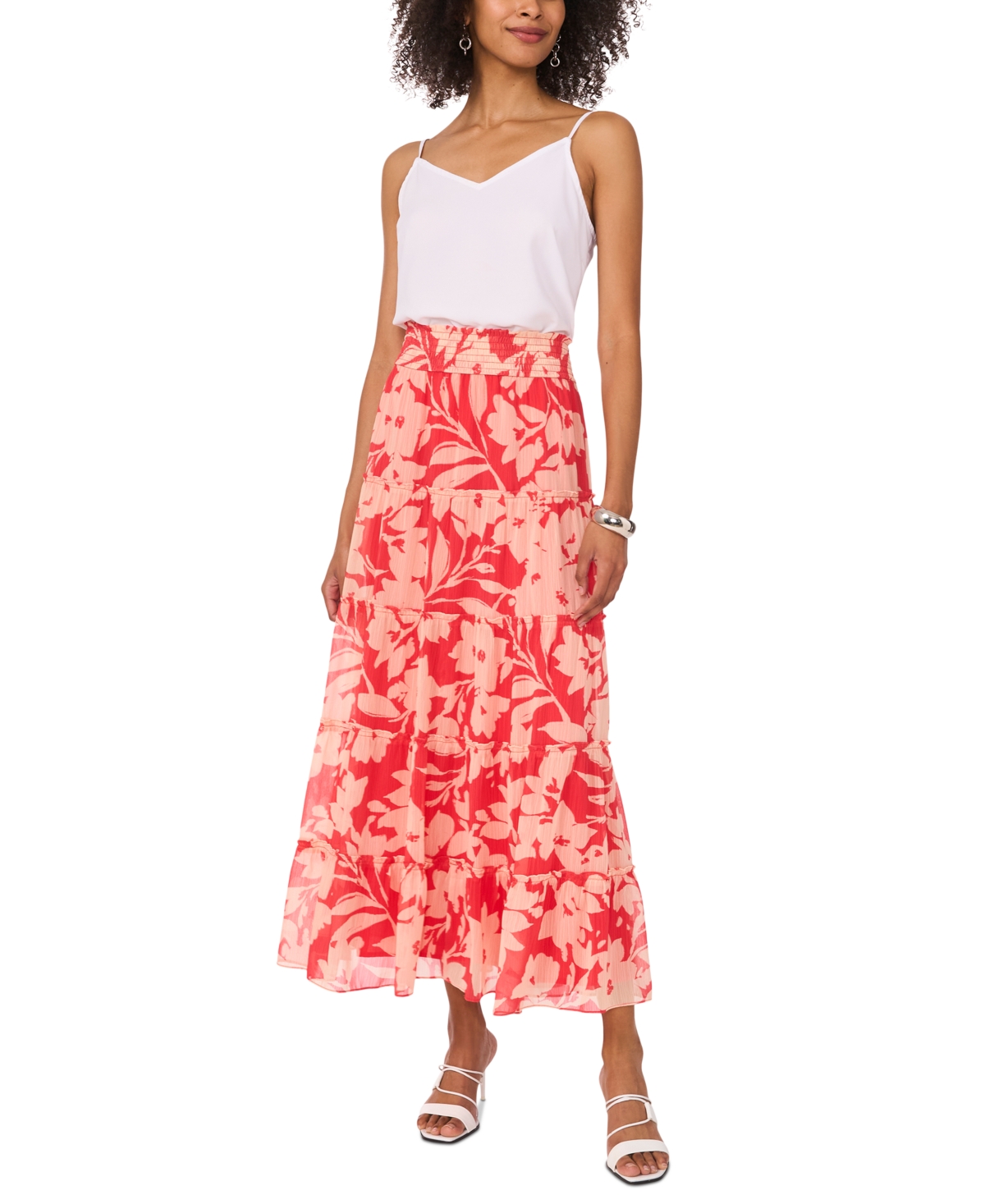 Vince Camuto Floral Tiered Smocked Waist Maxi Skirt In Cayenne