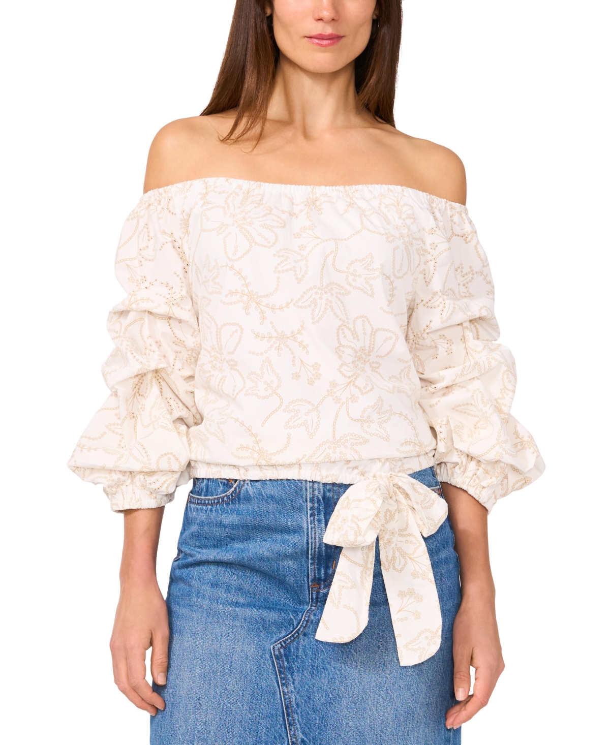 Shop Vince Camuto Women's Floral Embroidered Off-the-shoulder Bubble 3/4-sleeve Tie-front Blouse In Ultra White